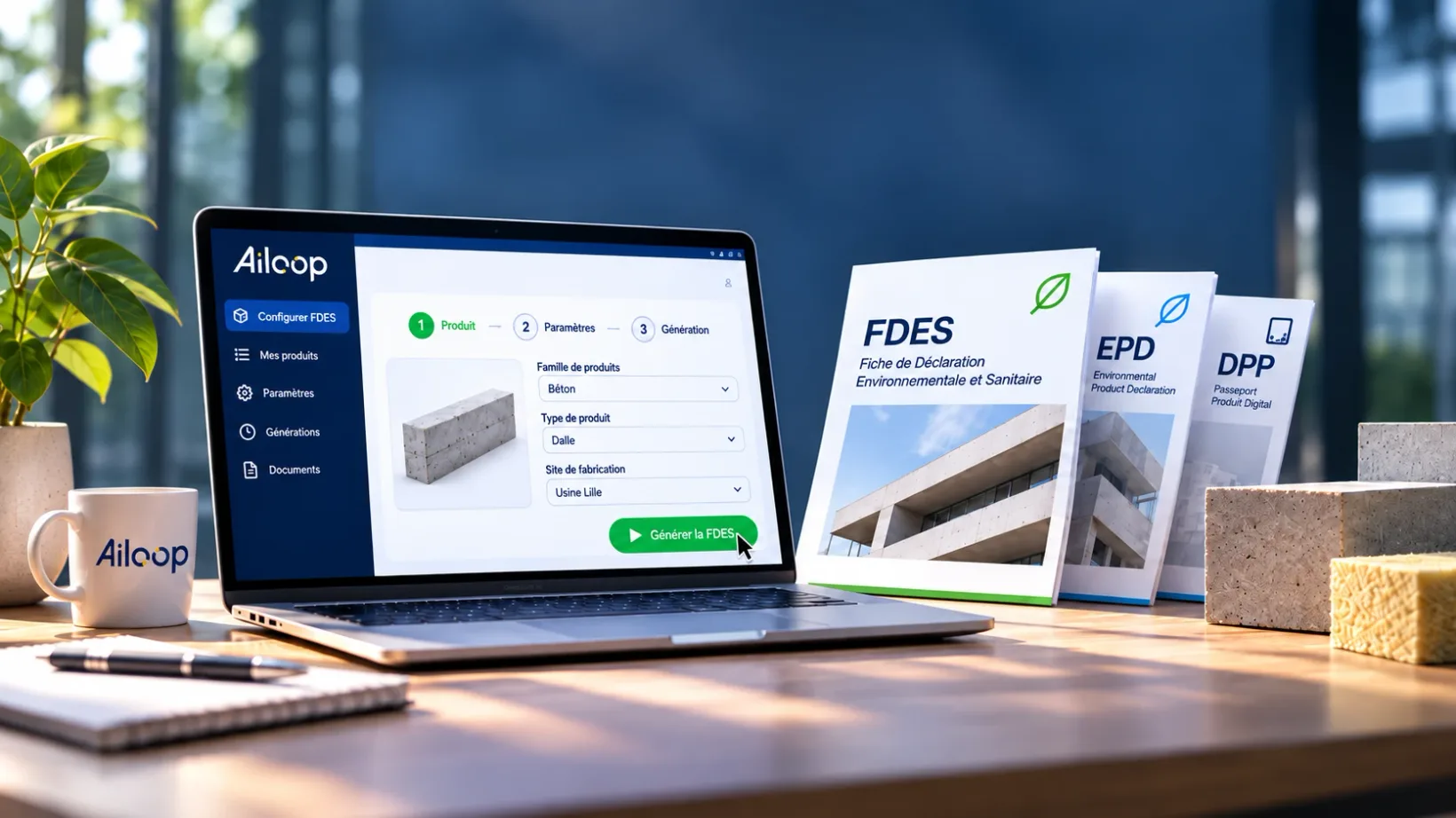 Un configurateur FDES ouvert sur un ordinateur portable : l'utilisateur choisit la famille de produits, le type de produit et le site de fabrication, puis génère la FDES. À côté, des déclarations FDES, EPD et un passeport produit numérique, et des échantillons de matériaux.