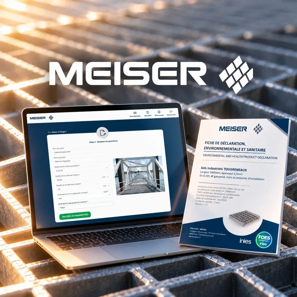 Interface du configurateur FDES développé par Ailoop pour MEISER, à côté d’une FDES générée pour des sols industriels, sur un caillebotis.