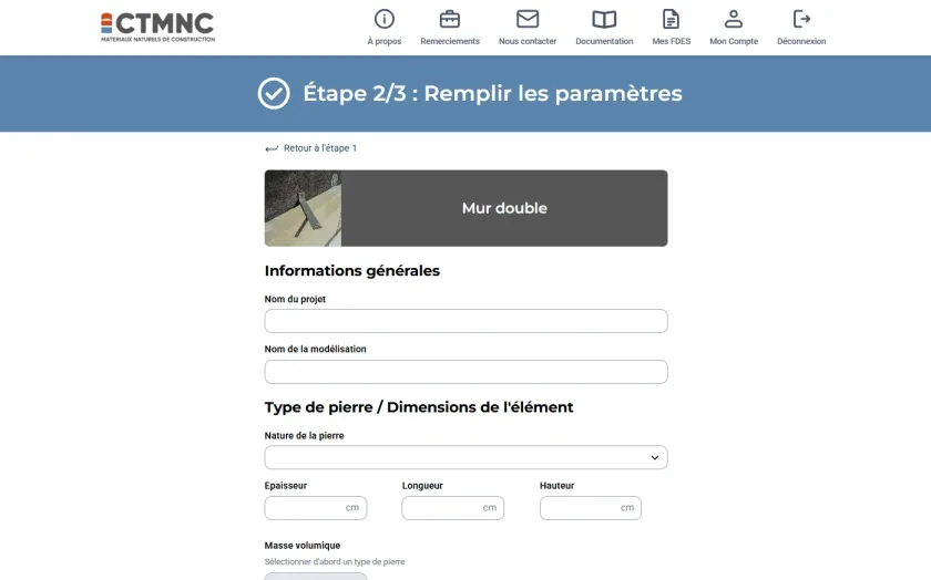 Configurateur FDES DimACV : étape 2, saisie des paramètres du produit (nature de la pierre, épaisseur, longueur, hauteur).