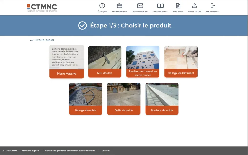 Configurateur FDES DimACV de la CTMNC : étape 1, choix du produit parmi les familles de pierre naturelle (pierre massive, mur double, dallage, pavage, bordure).