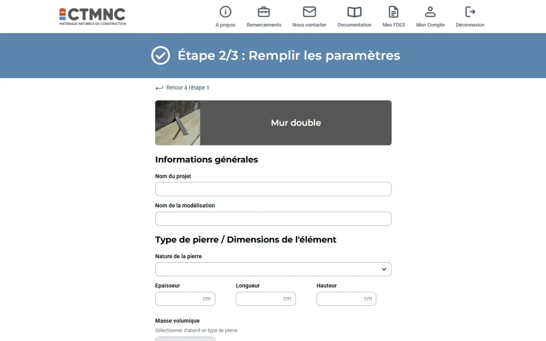 Étape 2 du configurateur DimACV, « Remplir les paramètres » pour un mur double : informations générales du projet, nature de la pierre, épaisseur, longueur, hauteur et masse volumique.