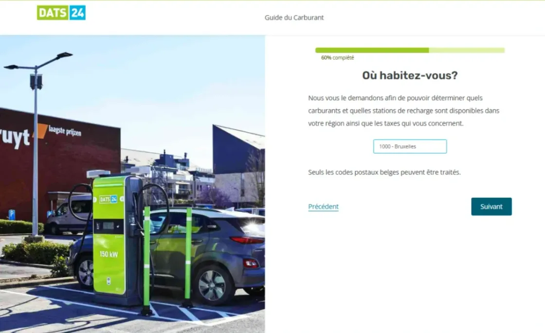 Question « Où habitez-vous ? » de Fuelguide : le code postal sert à déterminer les carburants, les stations de recharge et les taxes de la région.