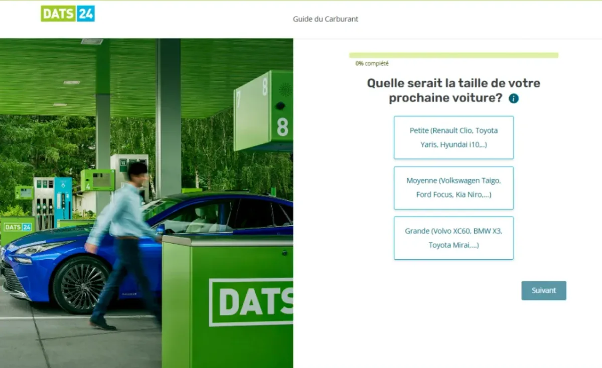 Première question de Fuelguide, « Quelle serait la taille de votre prochaine voiture ? », avec trois choix de gabarit et une barre de progression.