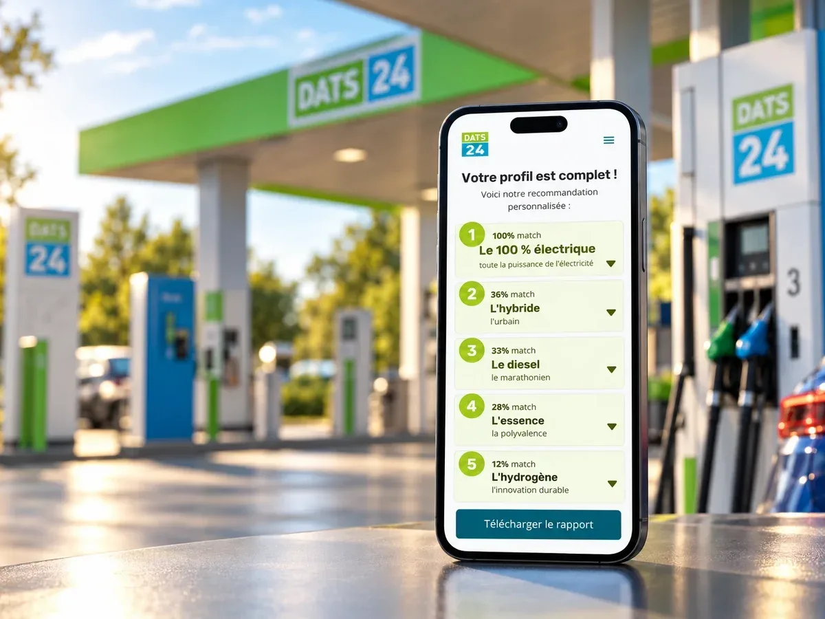Fuelguide affiché sur un téléphone posé dans une station DATS24 : la recommandation personnalisée classe les motorisations par taux de correspondance.