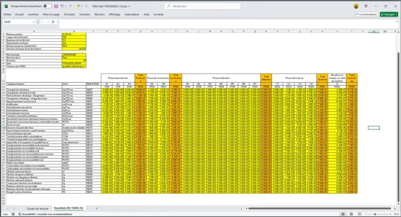 Export tableur du configurateur MEISER : paramètres saisis, puis indicateurs environnementaux par module, de la production à la fin de vie.