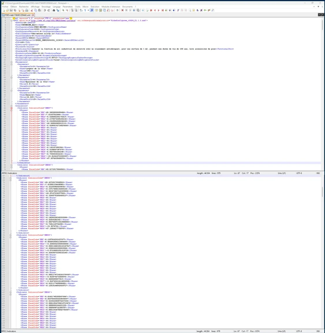Fichier XML produit par le configurateur MEISER, ouvert dans un éditeur de texte : paramètres de la configuration puis indicateurs environnementaux par phase.