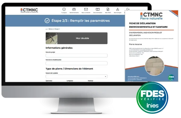Le configurateur DimACV sur écran : l’étape de saisie des paramètres de la pierre, la FDES collective générée et le macaron FDES vérifiée INIES.