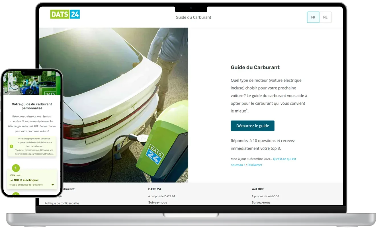 Fuelguide affiché sur ordinateur et sur mobile : la page d’accueil du guide du carburant et l’écran de résultats personnalisés.