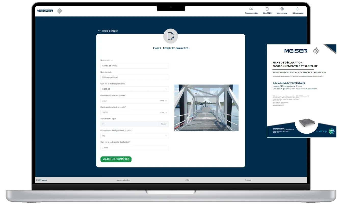 Interface du configurateur FDES MEISER sur ordinateur : formulaire de paramétrage d’un caillebotis, avec la première page de la FDES générée.