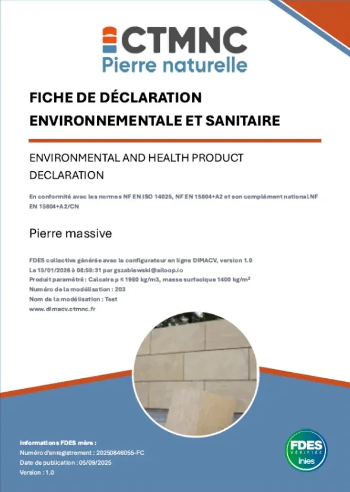 Couverture d’une FDES collective générée par le configurateur DimACV pour une pierre massive, avec le macaron FDES vérifiée INIES.