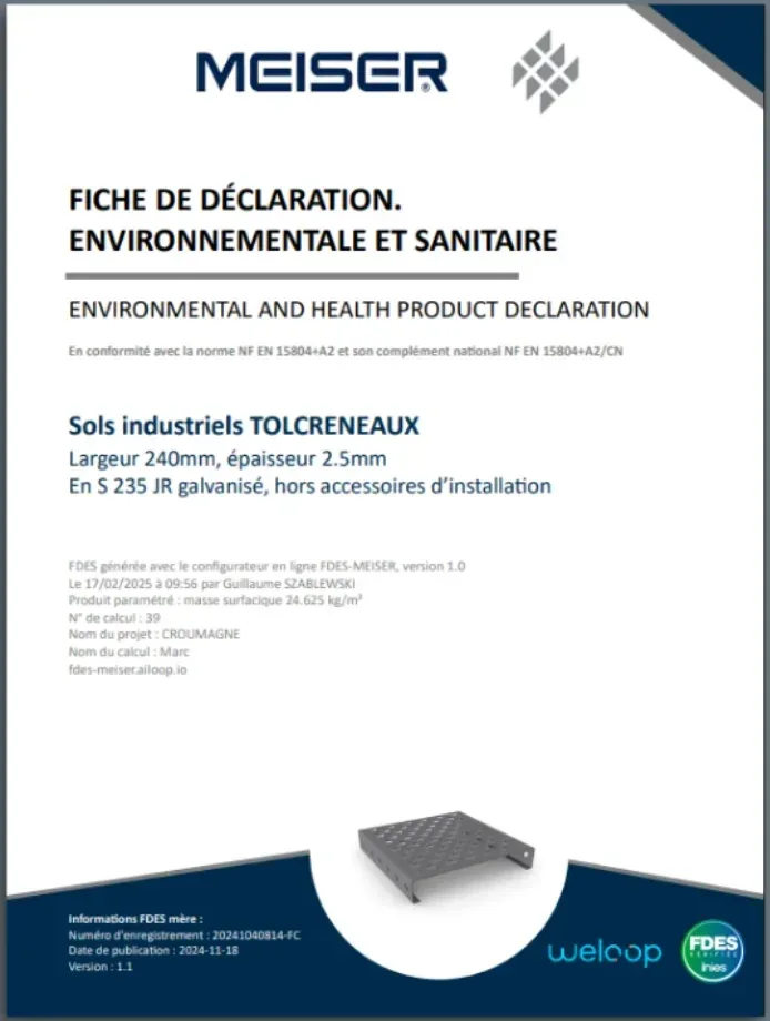 Couverture d’une FDES générée par le configurateur MEISER : sols industriels TOLCRENEAUX, largeur 240 mm, épaisseur 2,5 mm, en S 235 JR galvanisé.